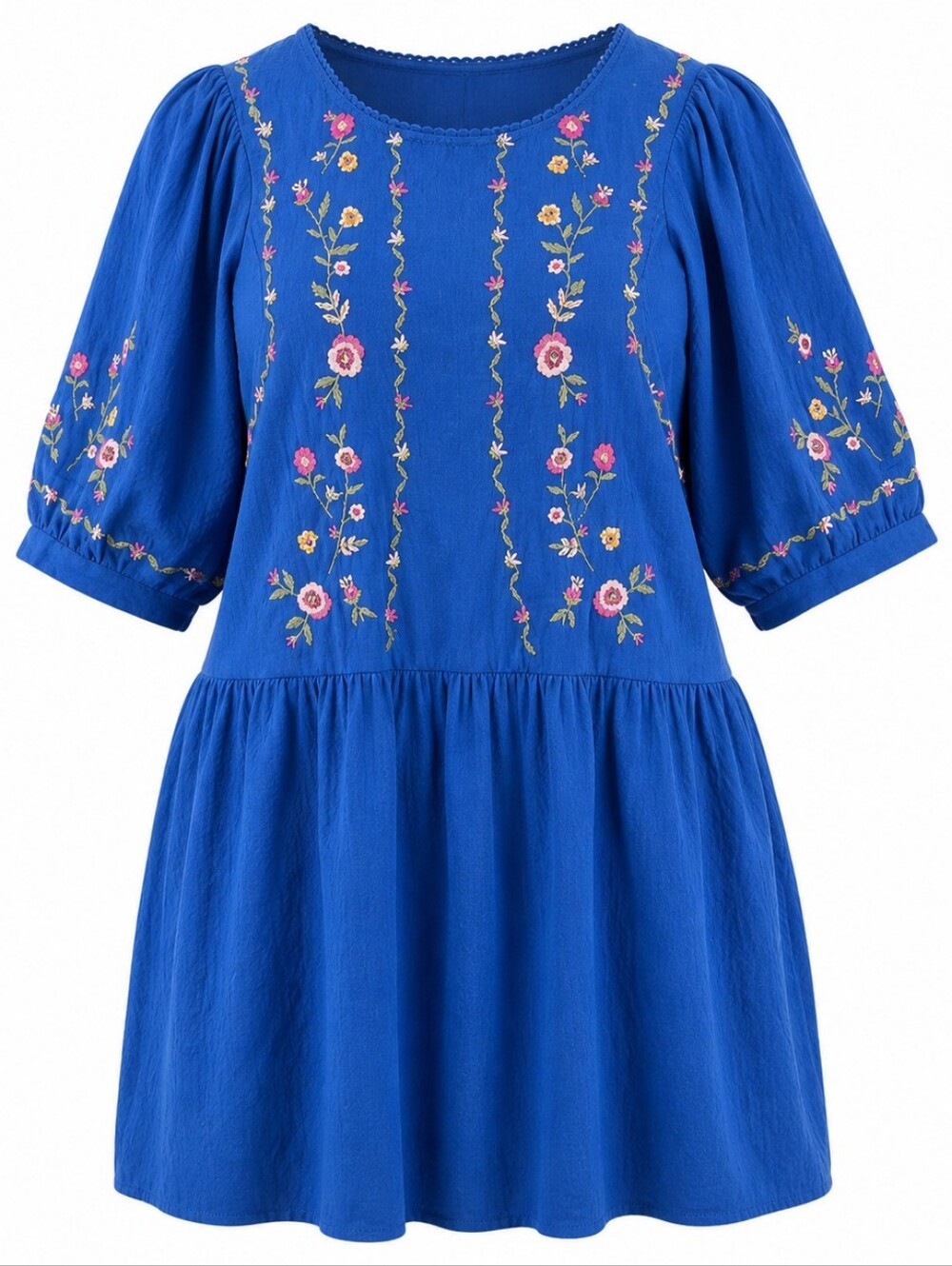 UMGEE | Boho Cottagecore Royal Blue Crochet Trim Floral Embroidered Dress | XL
